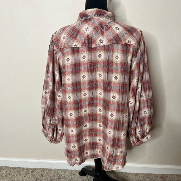 Ivy Jane Brown Burgundy Plaid Southwestern Balloon Sleeve Pearl Snap Shirt Sz L - Picture 5 of 12